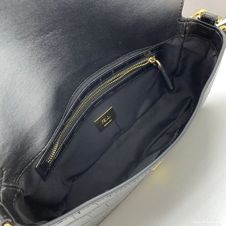 Affordable HOT Leather Crocodile Baguette Medium Black Bag Fendi In 0802